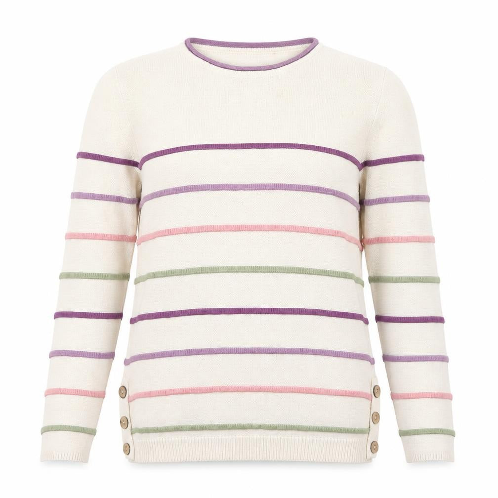 Front view of ISLE Women’s Cream Multicoloured Striped jumper, size S, 10-12