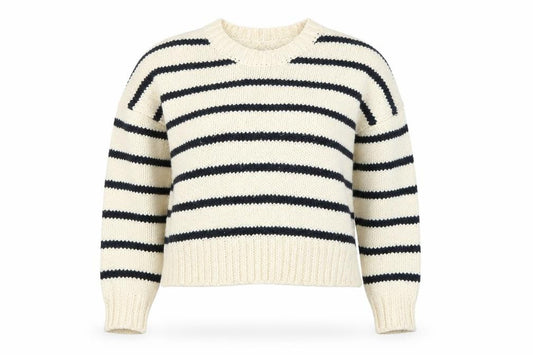 Front view of FRAME Women's Ivory Striped Wool Chunky Knit Jumper, size S