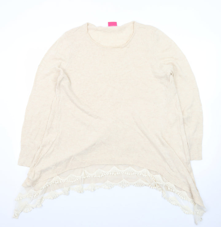 Together Women's Beige Lace Hem Long Sleeve Pullover Jumper Size 16