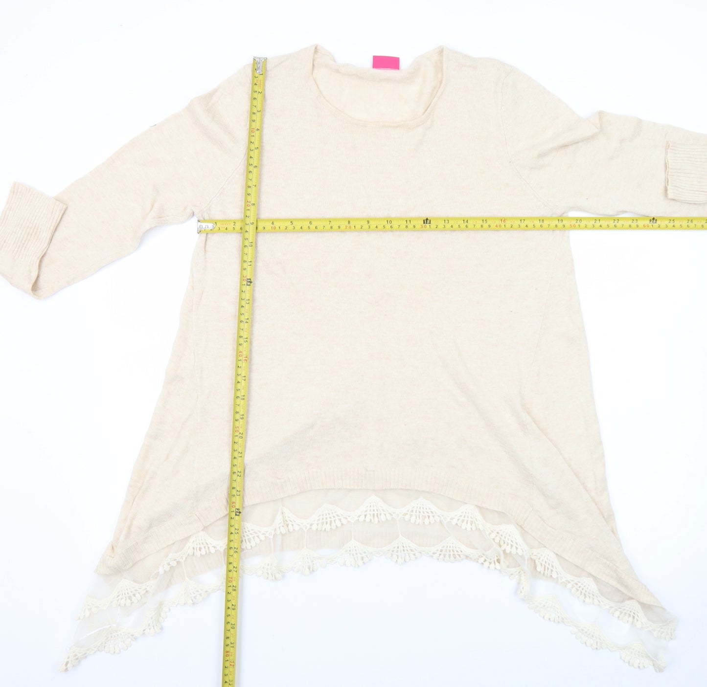 Together Women's Beige Lace Hem Long Sleeve Pullover Jumper Size 16