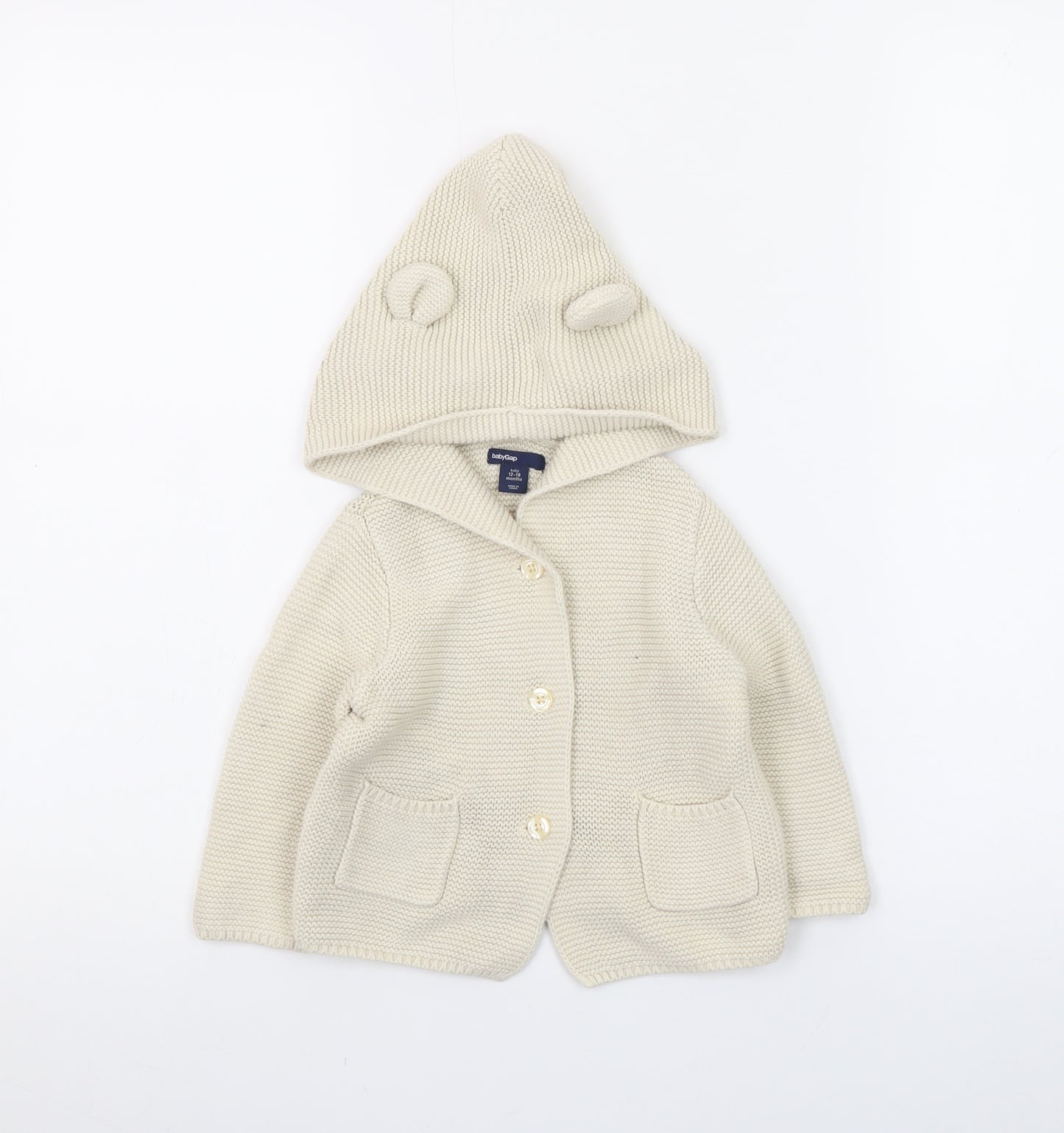 babyGap Unisex Ivory Knitted Hooded Cardigan 12-18 Months with Bear Ears