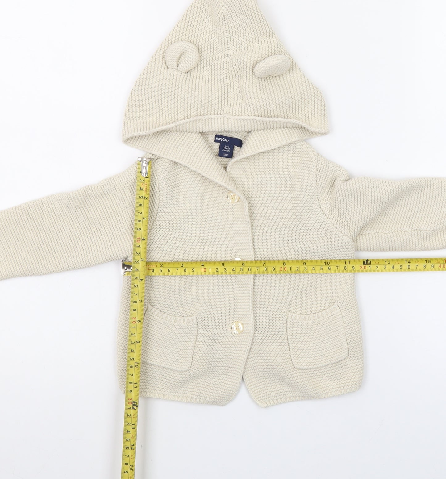 babyGap Unisex Ivory Knitted Hooded Cardigan 12-18 Months with Bear Ears