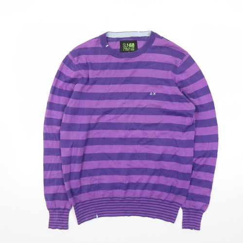 SUN68 Men's Purple Striped Cotton Crew Neck Jumper Size S