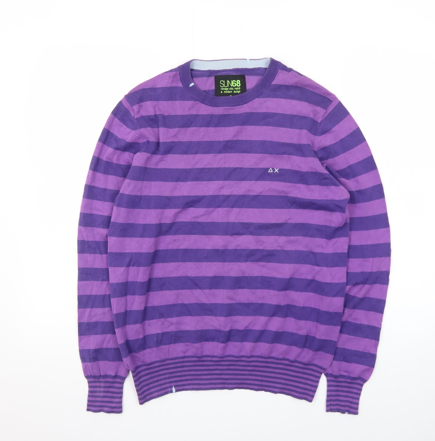 SUN68 Men's Purple Striped Cotton Crew Neck Jumper Size S