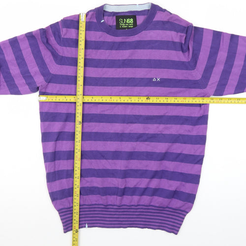 SUN68 Men's Purple Striped Cotton Crew Neck Jumper Size S