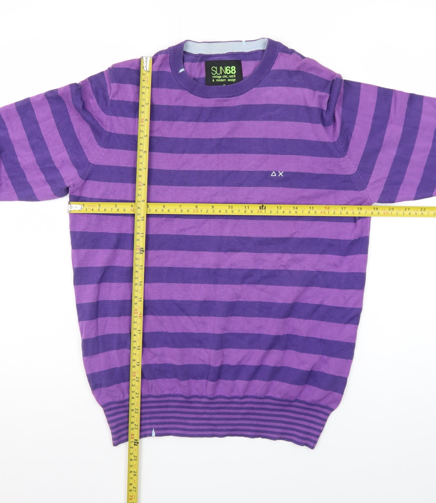 SUN68 Men's Purple Striped Cotton Crew Neck Jumper Size S