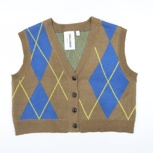 Collusion Brown Argyle Knit V-Neck Vest Unisex S Acrylic Retro Style