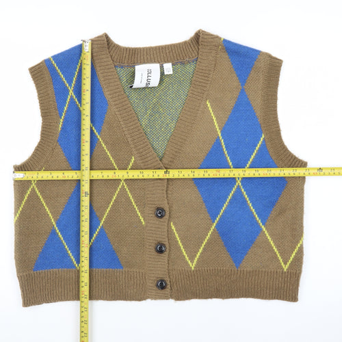 Collusion Brown Argyle Knit V-Neck Vest Unisex S Acrylic Retro Style