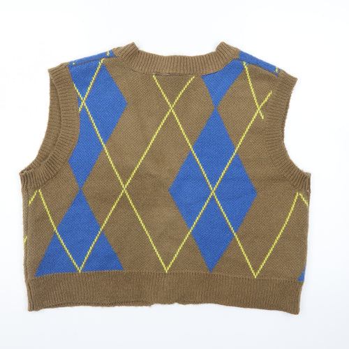 Collusion Brown Argyle Knit V-Neck Vest Unisex S Acrylic Retro Style