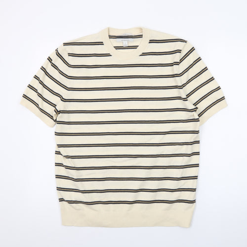 Marks and Spencer Men's Beige Striped Cotton Crew Neck T-Shirt Size M