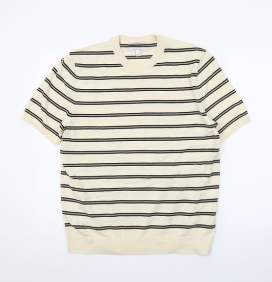 Marks and Spencer Men's Beige Striped Cotton Crew Neck T-Shirt Size M