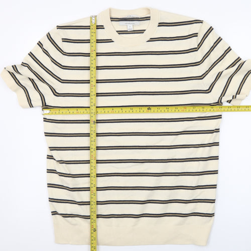 Marks and Spencer Men's Beige Striped Cotton Crew Neck T-Shirt Size M