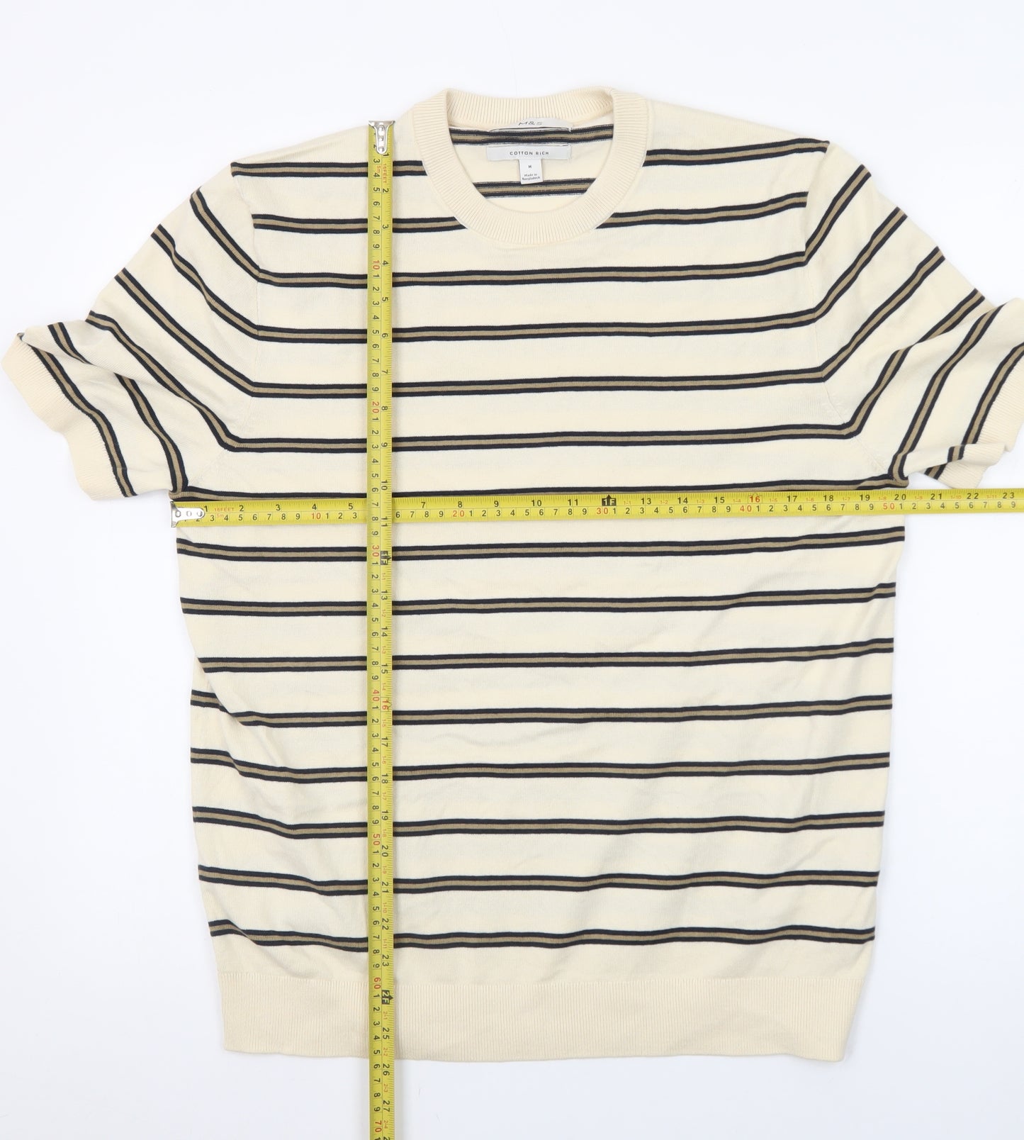 Marks and Spencer Men's Beige Striped Cotton Crew Neck T-Shirt Size M
