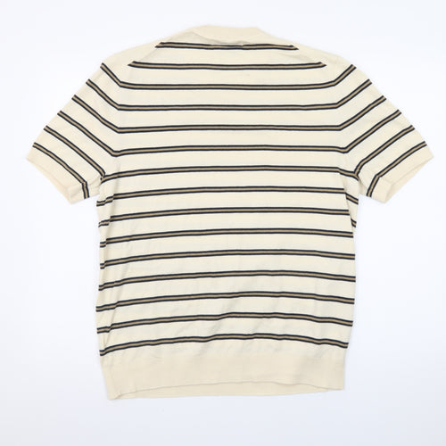 Marks and Spencer Men's Beige Striped Cotton Crew Neck T-Shirt Size M