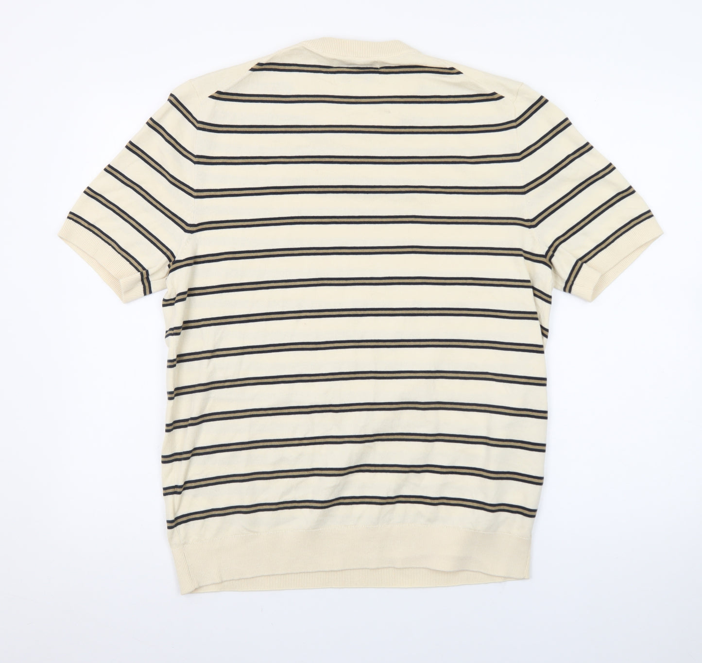 Marks and Spencer Men's Beige Striped Cotton Crew Neck T-Shirt Size M
