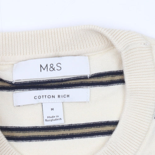 Marks and Spencer Men's Beige Striped Cotton Crew Neck T-Shirt Size M