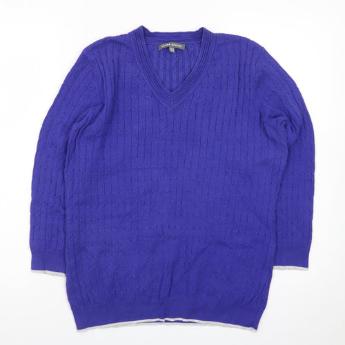 Laura Ashley Women's Blue V-Neck Cotton Cable Knit Jumper Size 12