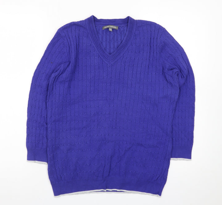 Laura Ashley Women's Blue V-Neck Cotton Cable Knit Jumper Size 12
