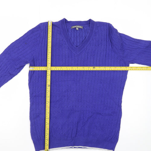 Laura Ashley Women's Blue V-Neck Cotton Cable Knit Jumper Size 12