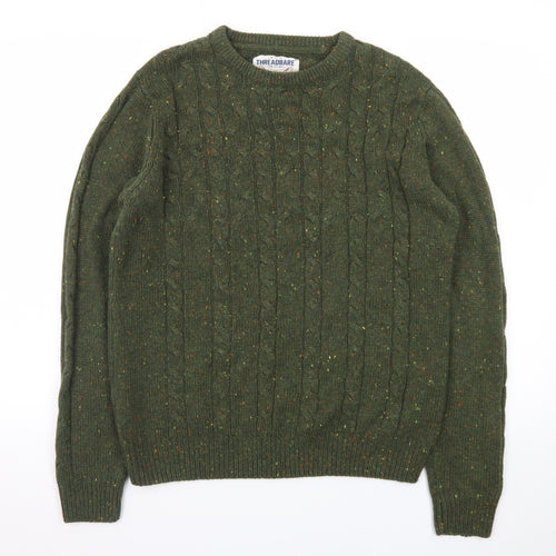 Threadbare Men's Green Cable-Knit Crew Neck Jumper Size M