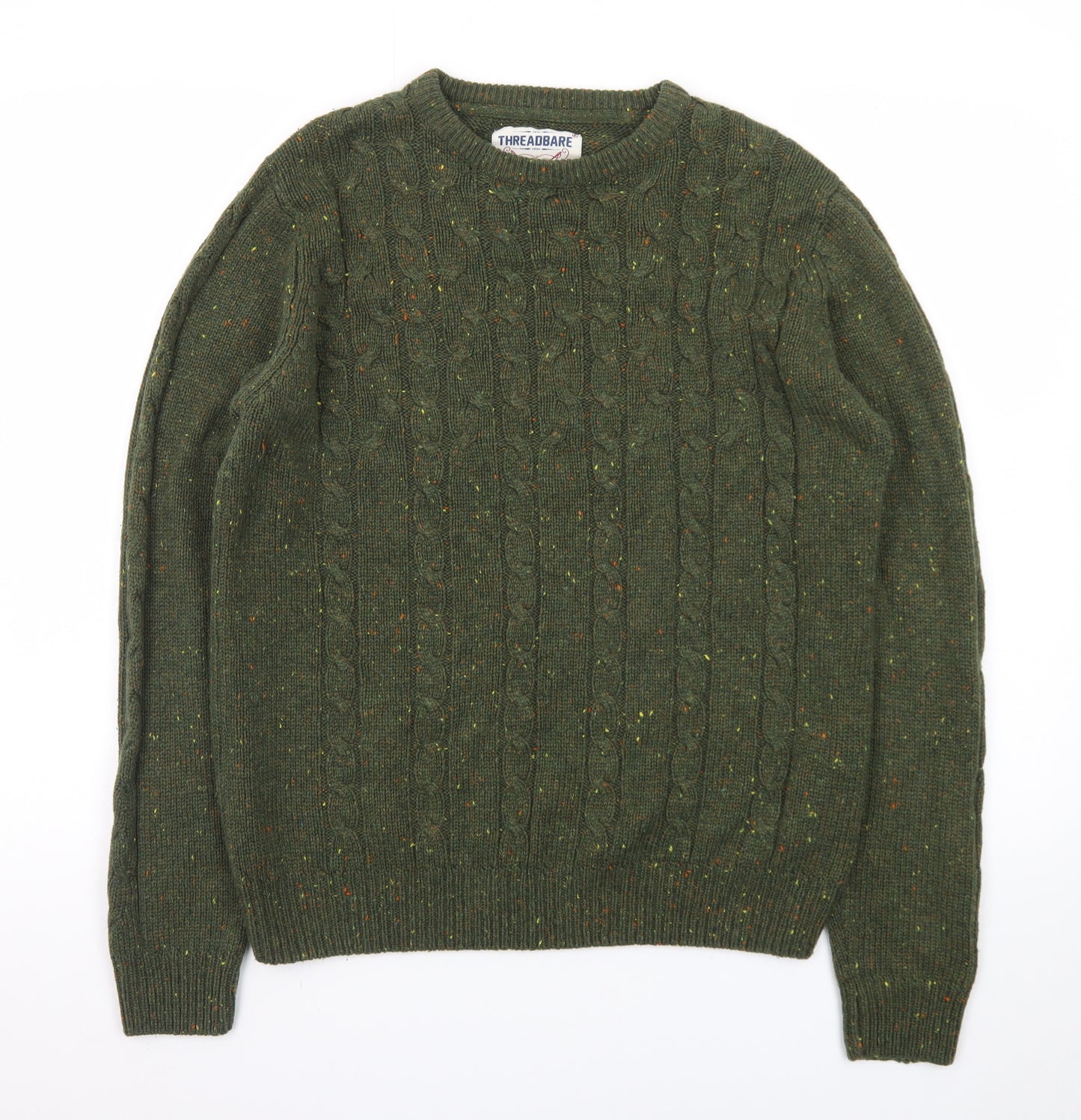 Threadbare Men's Green Cable-Knit Crew Neck Jumper Size M