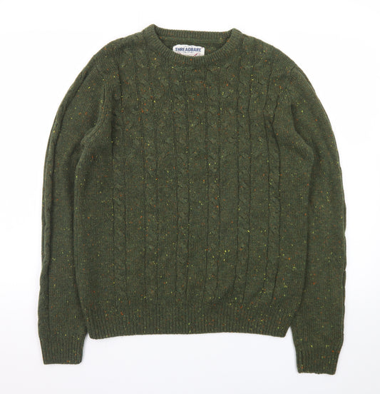Threadbare Men's Green Cable-Knit Crew Neck Jumper Size M