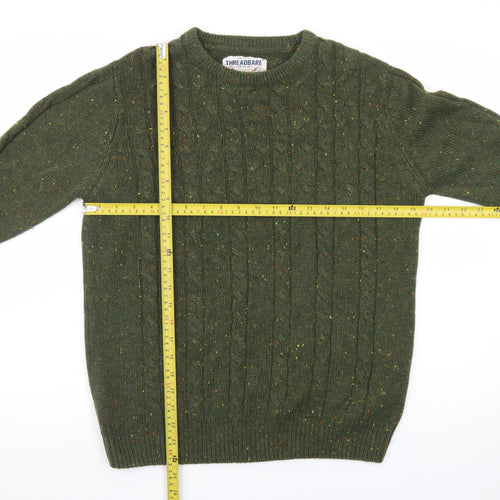 Threadbare Men's Green Cable-Knit Crew Neck Jumper Size M