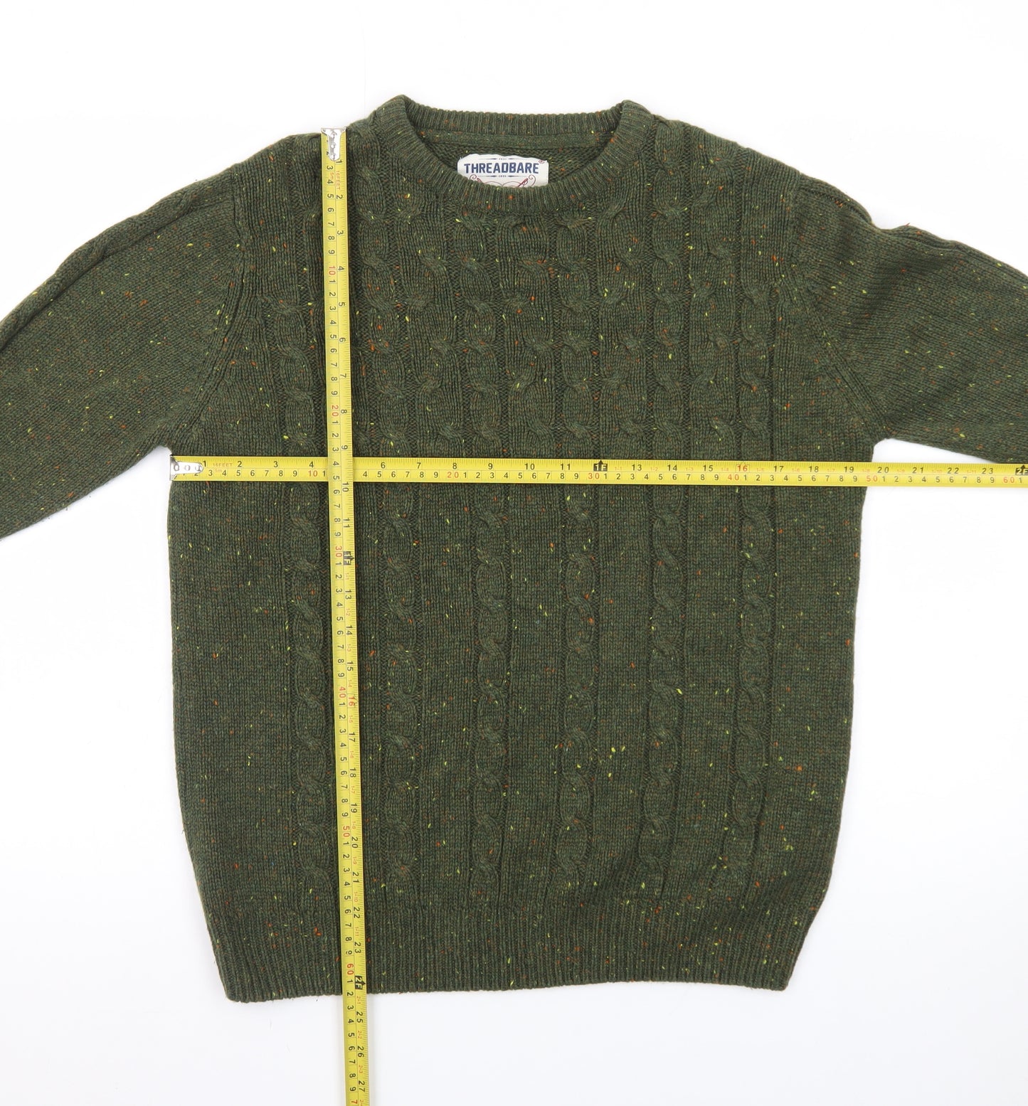 Threadbare Men's Green Cable-Knit Crew Neck Jumper Size M