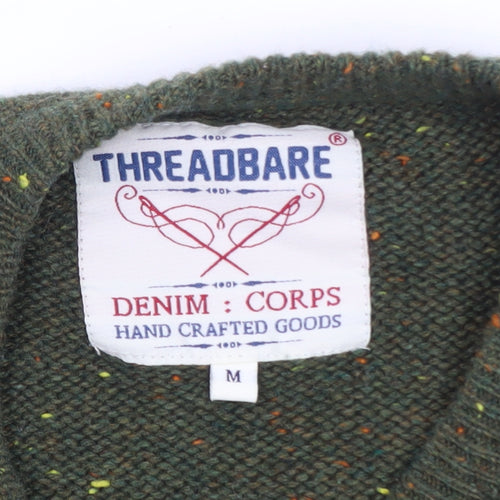 Threadbare Men's Green Cable-Knit Crew Neck Jumper Size M
