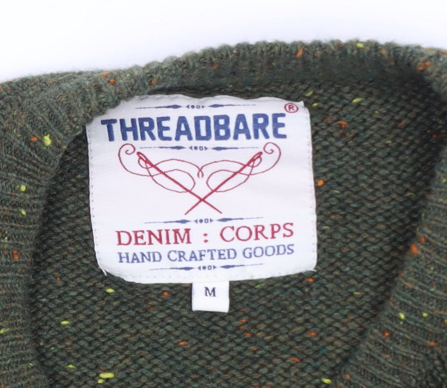 Threadbare Men's Green Cable-Knit Crew Neck Jumper Size M