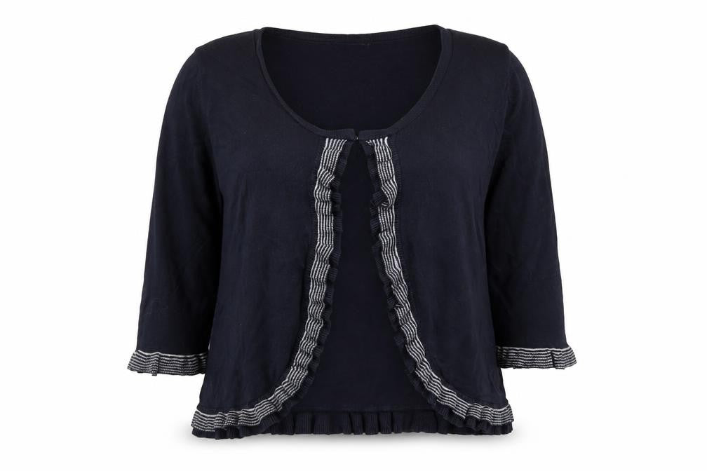 Front view of Marks & Spencer Per Una Women's Black, size 16, Ruffle Cardigan