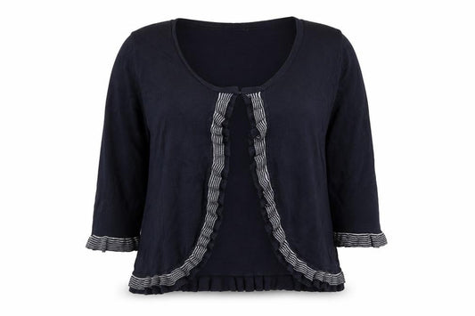 Front view of Marks & Spencer Per Una Women's Black, size 16, Ruffle Cardigan