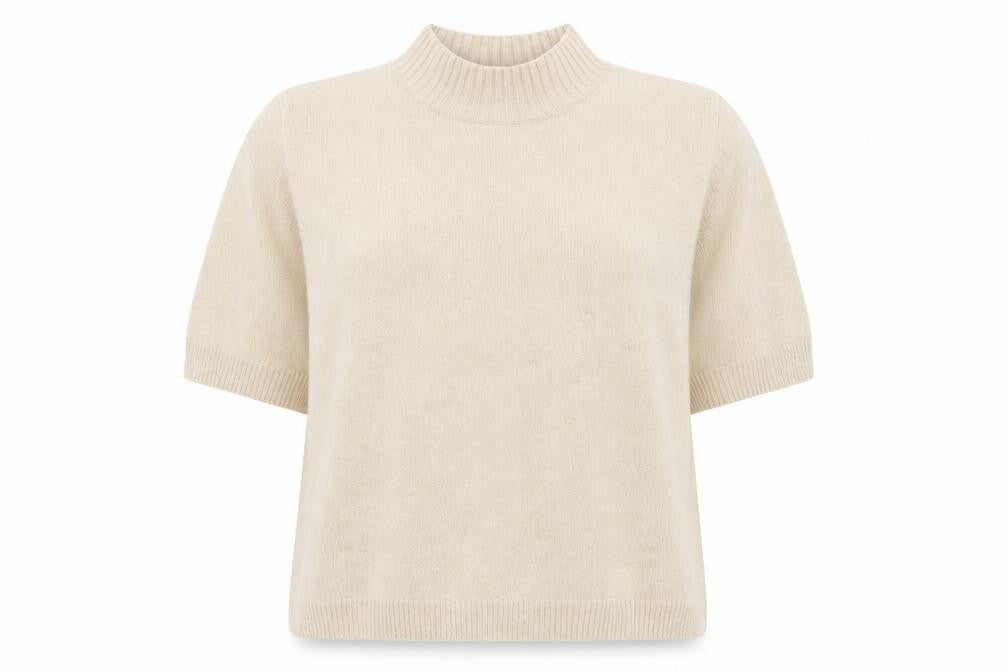 Front view of Marks & Spencer Women’s Beige Mock Neck Short Sleeve jumper, size UK 20