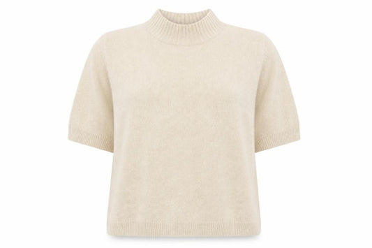 Front view of Marks & Spencer Women’s Beige Mock Neck Short Sleeve jumper, size UK 20