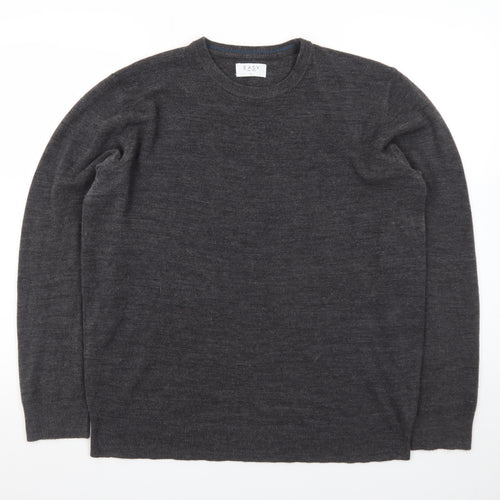 EASY Men Grey Wool Crew Neck Pullover Jumper Size L