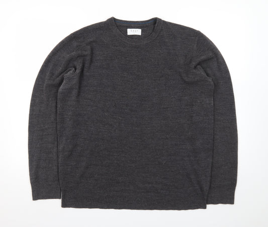 EASY Men Grey Wool Crew Neck Pullover Jumper Size L