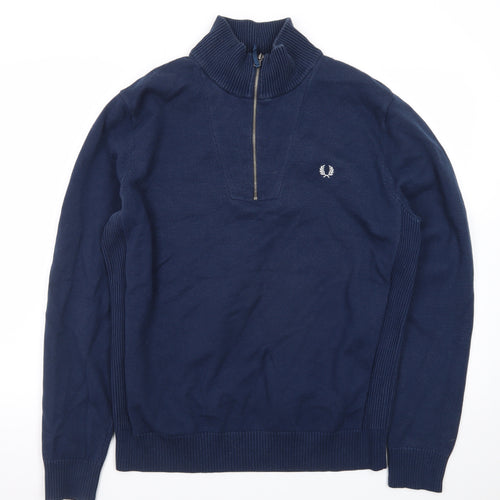 Fred Perry Men's Blue XL 1/2 Zip High Neck Cotton Jumper