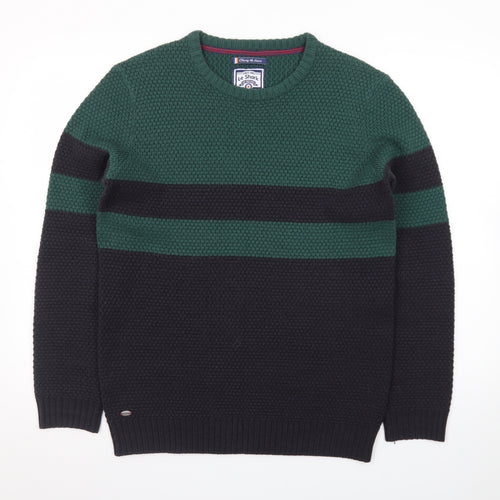 Le Shark Men's Green Black Striped Chunky Knit Jumper Medium