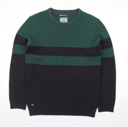 Le Shark Men's Green Black Striped Chunky Knit Jumper Medium