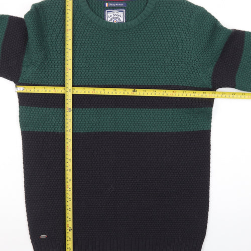 Le Shark Men's Green Black Striped Chunky Knit Jumper Medium