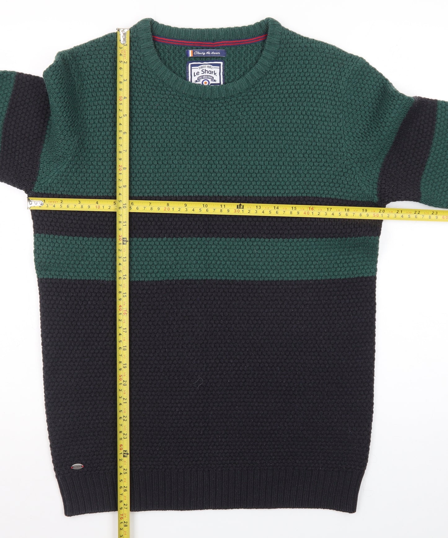 Le Shark Men's Green Black Striped Chunky Knit Jumper Medium