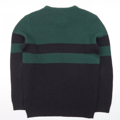 Le Shark Men's Green Black Striped Chunky Knit Jumper Medium