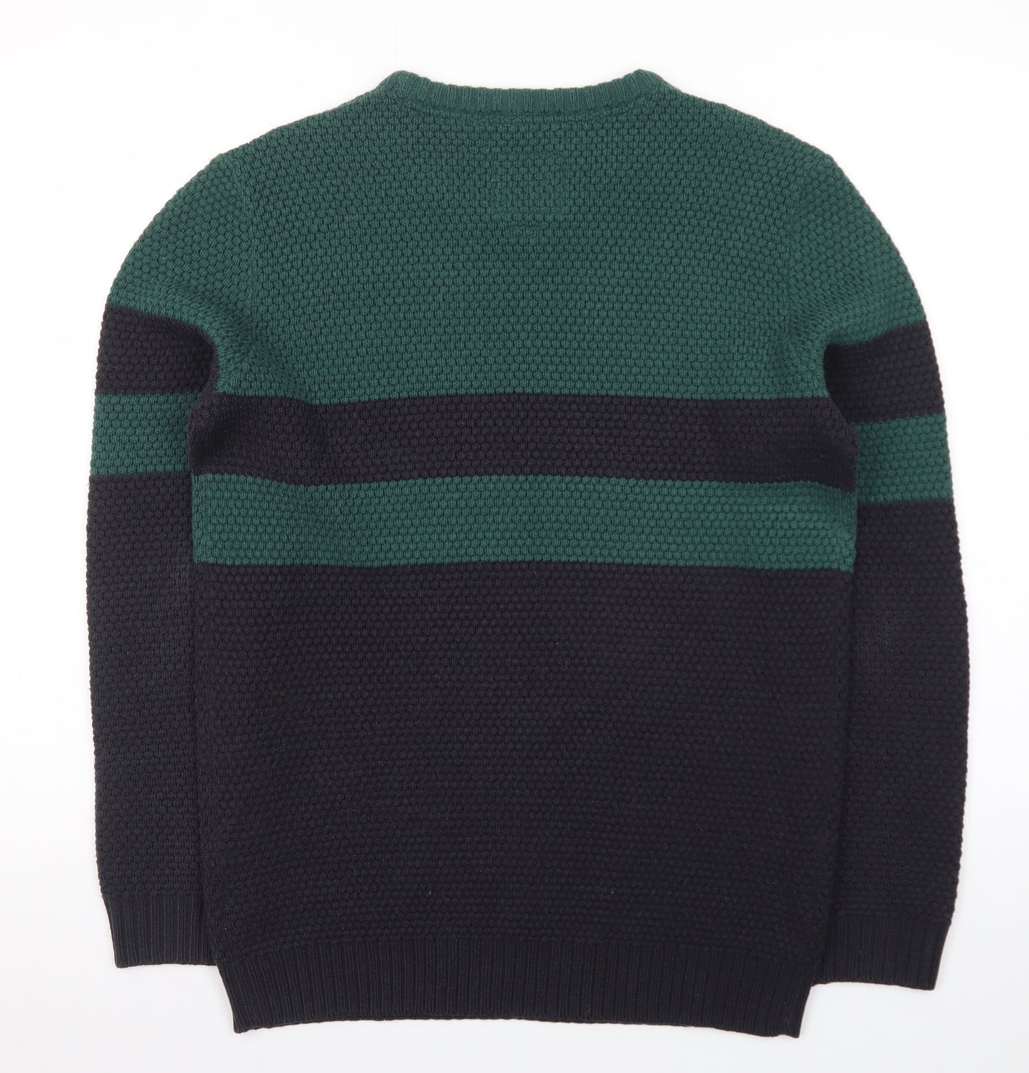 Le Shark Men's Green Black Striped Chunky Knit Jumper Medium