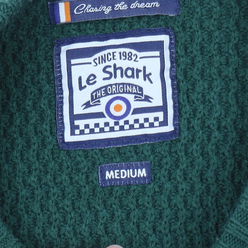 Le Shark Men's Green Black Striped Chunky Knit Jumper Medium