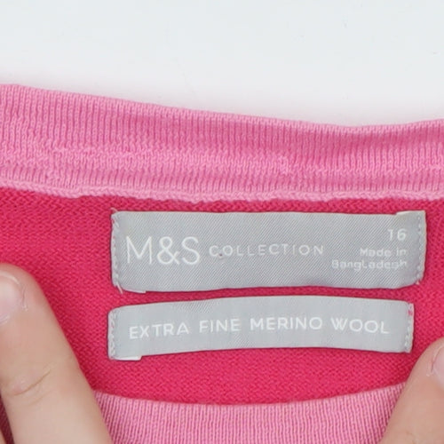 Marks and Spencer Women Pink Crew Neck Merino Wool Jumper Size 16