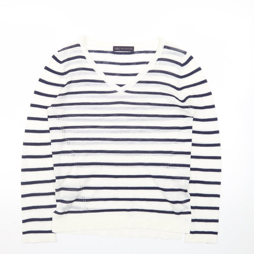 Marks and Spencer Women's Navy Stripe V-Neck Jumper Size 8