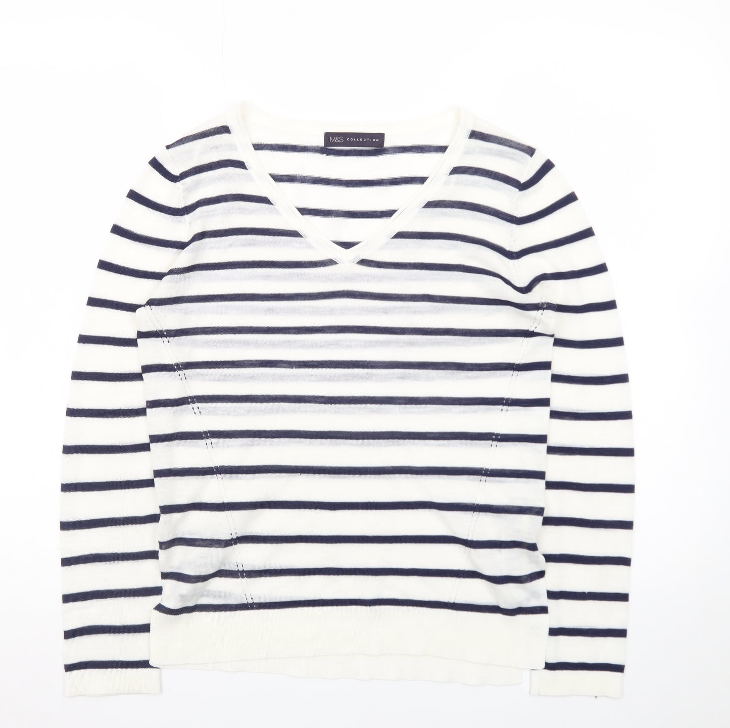 Marks and Spencer Women's Navy Stripe V-Neck Jumper Size 8