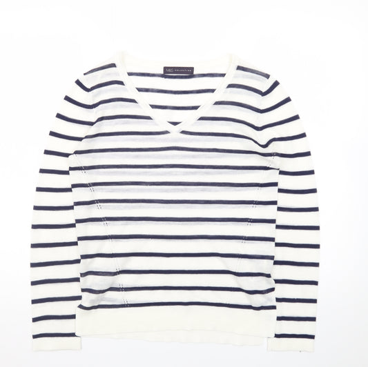 Marks and Spencer Women's Navy Stripe V-Neck Jumper Size 8