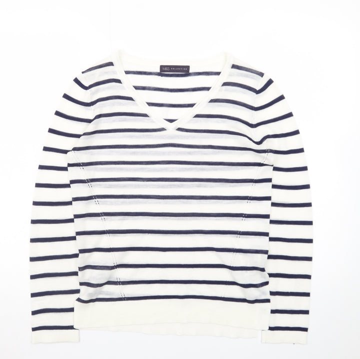 Marks and Spencer Women's Navy Stripe V-Neck Jumper Size 8