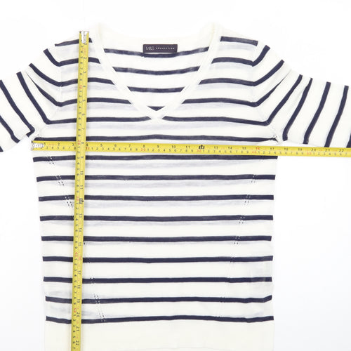 Marks and Spencer Women's Navy Stripe V-Neck Jumper Size 8
